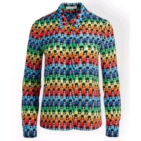 Alice+Olivia Willa 100% Silk Button Down Blouse Face Print NWT MSRP $375 Size XS - Picture 1 of 13